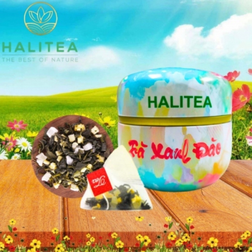 Trà Xanh Đào HALITEA Túi Tam Giác Hộp Thiếc 35gr/ hộp/10 túi