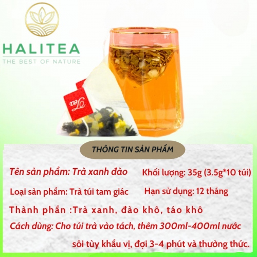 Trà Xanh Đào HALITEA Túi Tam Giác Hộp Thiếc 35gr/ hộp/10 túi