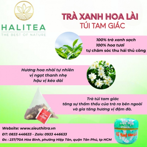 Trà Xanh Hoa Lài HALITEA Túi Tam Giác Hộp Thiếc 30gr/ hộp/10 túi