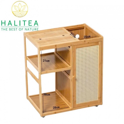 Tủ Pha Trà Di Động Bằng Tre Bánh Xe Lăn KT: 69X60X40cm