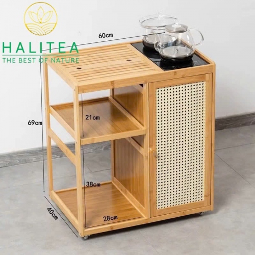 Tủ Pha Trà Di Động Bằng Tre Bánh Xe Lăn KT: 69X60X40cm