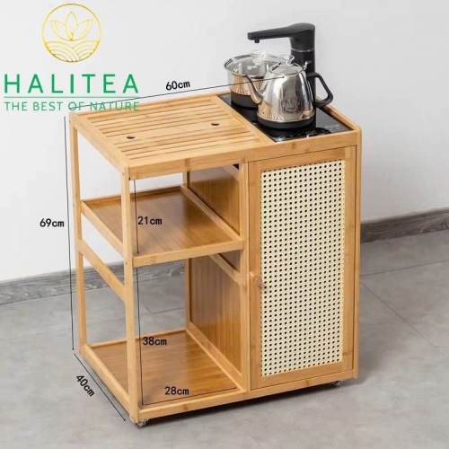 Tủ Pha Trà Di Động Bằng Tre Bánh Xe Lăn KT: 69X60X40cm