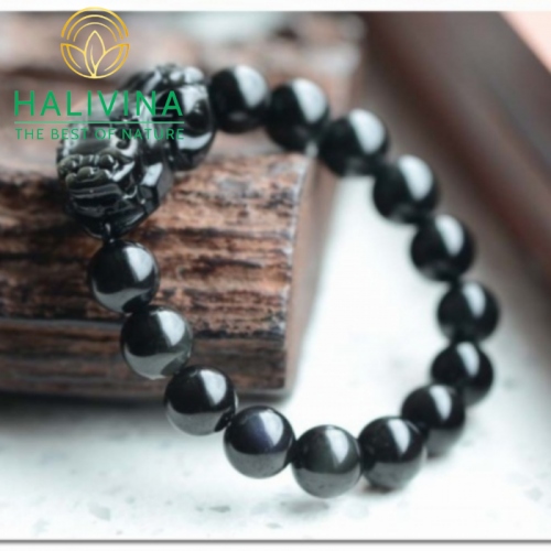 Vòng tay Tỳ Hưu Đá Thiên Nhiên Obsidian Đen 12MM